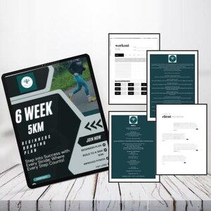 May include: A digital marketing flyer for a 6-week 5km beginners running plan. The flyer features a runner in the background and text that says "6 Week 5km Beginners Running Plan" and "Step into Success with Every Stride: Where Every Step Counts!"