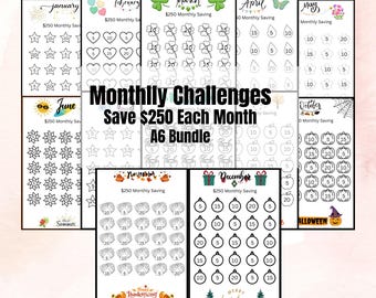 May include: A printable set of 12 monthly savings challenge trackers. Each tracker features a different theme and design, such as hearts, shamrocks, stars, and pumpkins. The trackers are designed to help you save $250 each month. The trackers are A6 size.