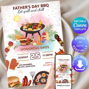 Fathers Day BBQ Invite, Happy Fathers Day Invite, Barbecue Invite, Party Invitation, Brunch Invitation, Instant Download, Canva Editable