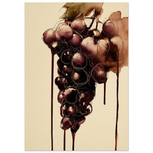 Pode incluir: Uma ilustração em aguarela e tinta de um cacho de uvas roxo-escuras. A obra apresenta linhas soltas e fluidas com gotas de pigmento escuro a escorrer para baixo, sobre um fundo de cor creme claro com uma única folha verde.