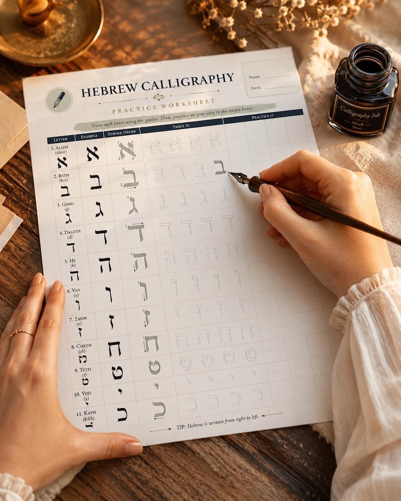 Hebrew Calligraphy Worksheet | Printable Aleph Bet Tracing Sheet ...