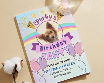 Es ist ein Geburtstags-Pawty! | Bearbeitbare Hundefotoeinladung Canva Vorlage, Regenbogen Haustierparty druckbar, Welpe Geburtstag einladen
