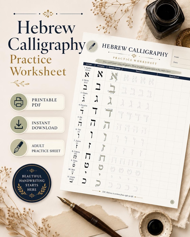 Hebrew Calligraphy Worksheet | Printable Aleph Bet Tracing Sheet ...