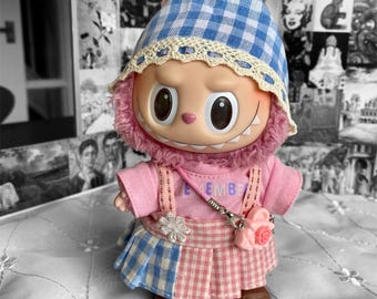 Handmade 5 Pieces  Doll Outfit Set/Pink & Blue Gingham Style / country style/monster doll/ bubu dress up/ fit for 15-17cm doll