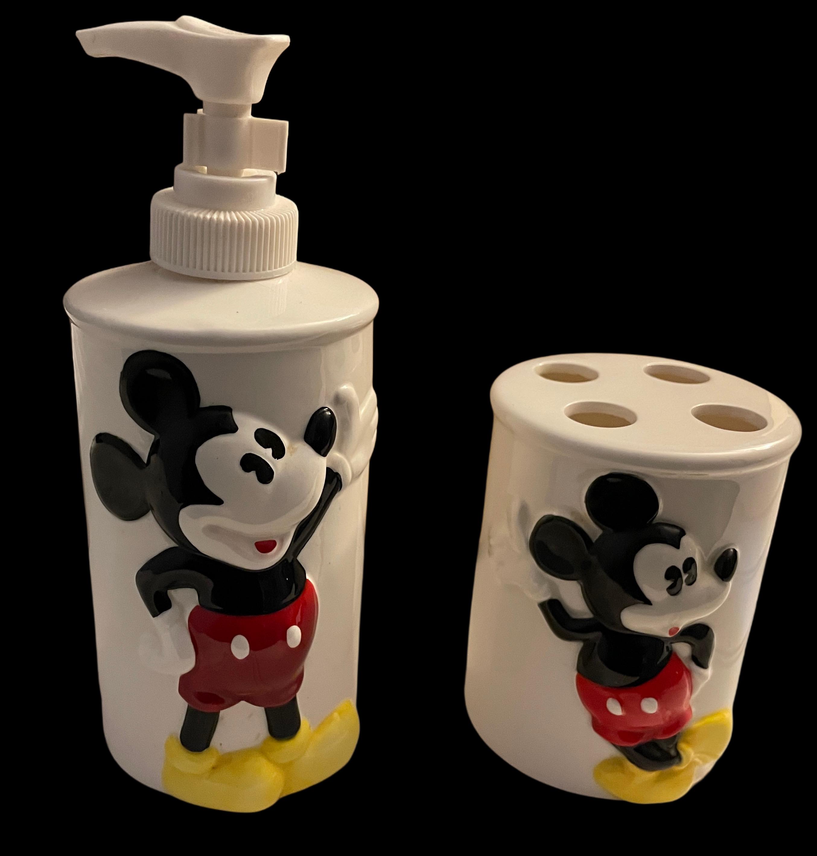 Vintage 1993 Mickey Mouse Bathroom Set - Soap Pump Dispenser // Toothbrush Holder - Made in Japan - Rare