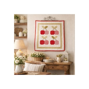 May include: A square quilt with a cherry design hangs on a wall. The quilt features four pairs of red cherries with green stems and leaves, set against a white background with a gold border and red trim.