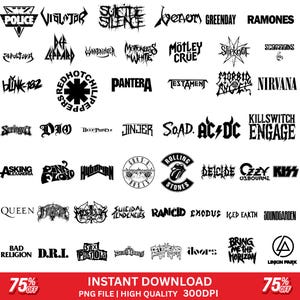 May include: A collection of black and white band logos, including Nirvana, AC/DC, and the Rolling Stones. The image also includes the text "INSTANT DOWNLOAD" and "75% OFF" in a red banner at the bottom.