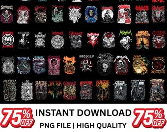 May include: A collection of graphic designs featuring various heavy metal band logos and artwork. The designs are in black and white, with some featuring additional colors. The image includes text that reads "75% OFF", "INSTANT DOWNLOAD", "PNG FILE | HIGH QUALITY", and "300DPI".