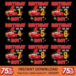 May include: A collection of birthday-themed graphics featuring a red race car with flames, the word "BOY", and numbers 1 through 9. The text "BIRTHDAY" is above each graphic. The background is black. The graphics are for a birthday party.