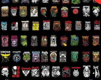 May include: A collection of graphic designs featuring various band logos and artwork, including Motorhead, AC/DC, and Megadeth. The designs are in various colors and styles, with a 75% off promotion displayed.