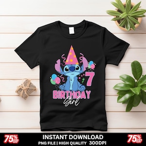May include: Black t-shirt featuring a blue cartoon character wearing a party hat and holding balloons. The shirt has the text "7 Birthday Girl" in pink. The design is a digital download.