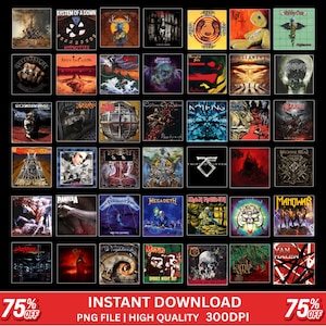 Puede incluir: Una colección de portadas de álbumes de varias bandas de heavy metal, incluyendo System of a Down, Korn y Megadeth. Las portadas presentan diversas obras de arte, desde logotipos de bandas hasta ilustraciones. La imagen incluye el texto "Descarga instantánea" y "75% de descuento".