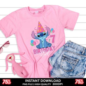 May include: A pink t-shirt featuring a blue cartoon character wearing a party hat and the text "BIRTHDAY Girl 7". The shirt is paired with denim shorts and a pink stuffed animal.