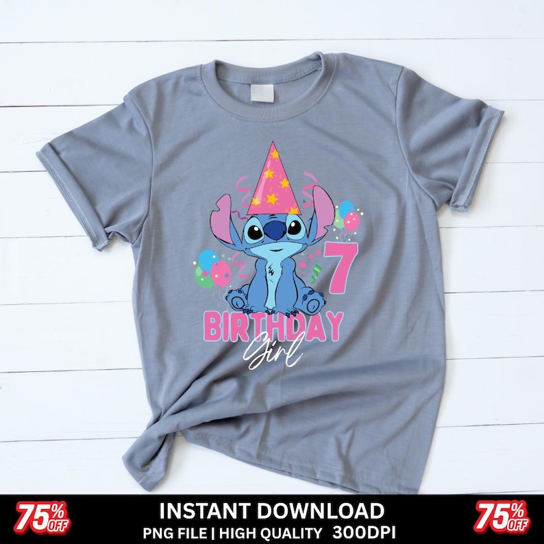 May include: A gray t-shirt featuring a cartoon character wearing a party hat and the number 7. The text "BIRTHDAY Girl" is below the character. Colorful balloons are also present. The shirt has a casual, relaxed fit.