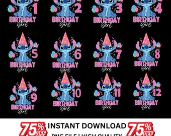 Könnte beinhalten: Ein schwarzer Hintergrund mit zwölf Bildern eines blauen Cartoon-Charakters mit Partyhut und Luftballons. Jedes Bild hat eine Nummer von 1 bis 12 und den Text "BIRTHDAY Girl". Das Bild enthält auch den Text "75% OFF", "INSTANT DOWNLOAD", "PNG FILE | HIGH QUALITY" und "300DPI".