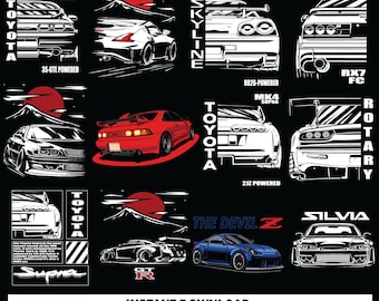 以下が含まれることがあります： トヨタ スープラ、スカイライン、RX7など、さまざまな車のモデルをフィーチャーした黒のグラフィックデザイン。 日本風のイメージ。 テキストには「INSTANT DOWNLOAD」と「PNG FILE | HIGH QUALITY | 300DPI」が含まれています。