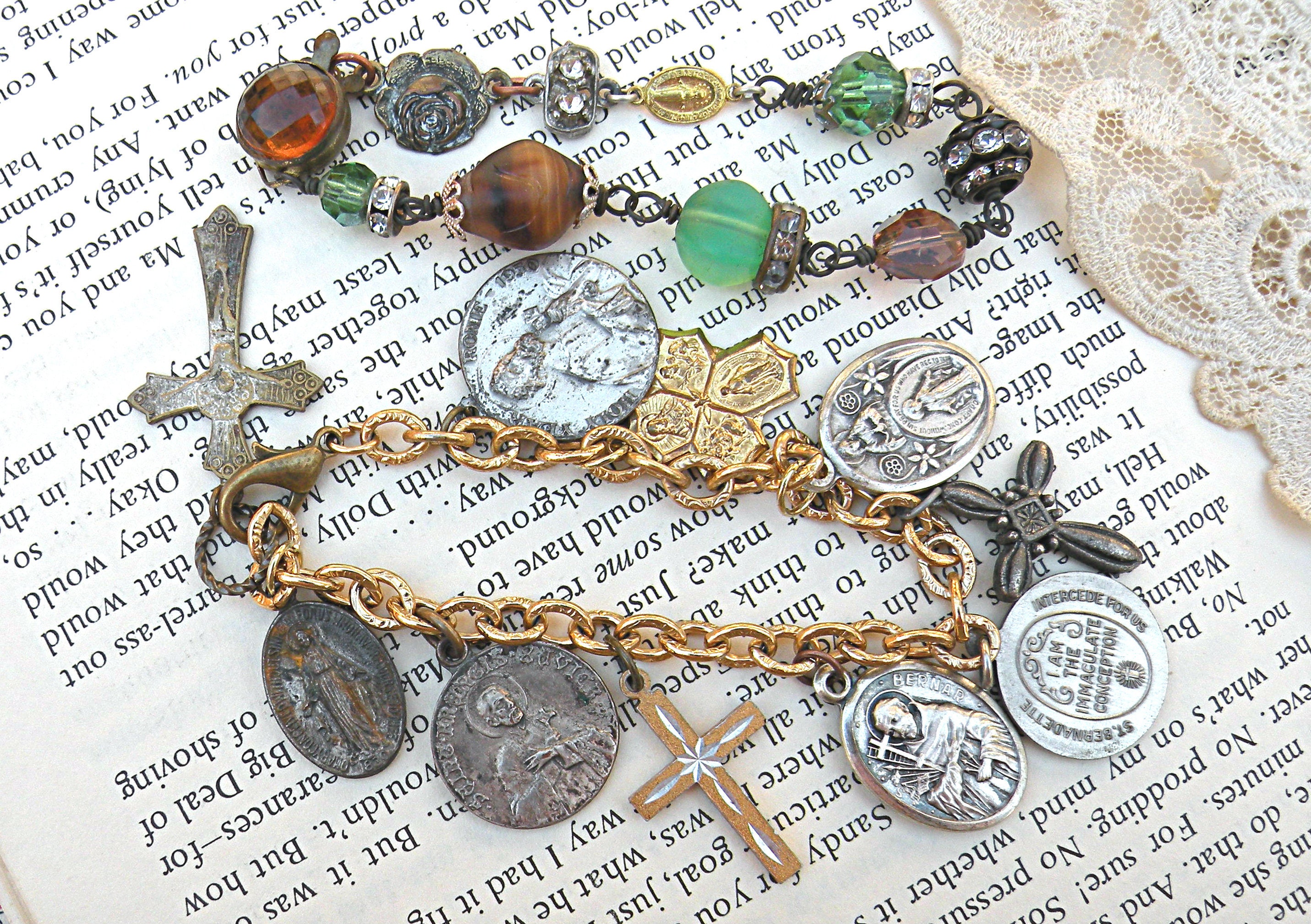 religious medal bracelet assemblage vintage bead bracelet Etsy