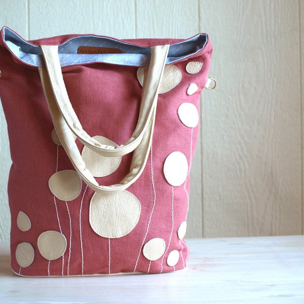 Leather and CanvasTote Bag, Leather Messenger Tote,  Floral Applique Tote, Leather Bag, Pink And Cream, Spring Fashion