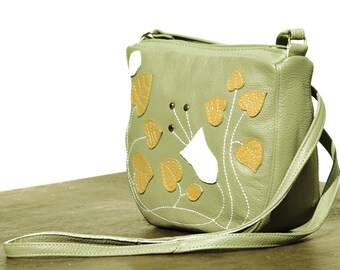 Women leather messenger bag, ladies Crossbody Bag, art nouveau bag,floral messenger green leather purse,summer fashion,green light messenger