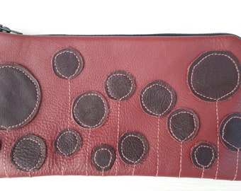 leather wallet,red leather bag, ridikyl theatre bag, garnet red leather wristlet cosmetic bag present,iphone case,gift for MOM,christmas