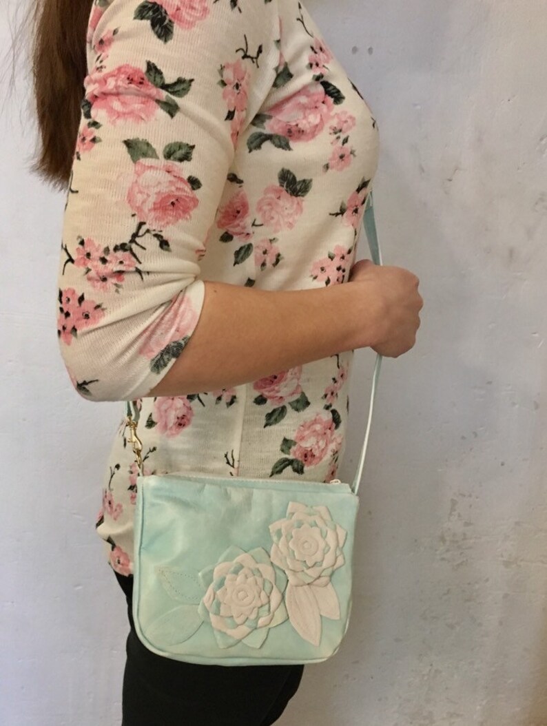 BLUE crossbody bag Leather floral crossbody blue floral crossbody womens floral purse leather messenger light blue leather shoulder bag