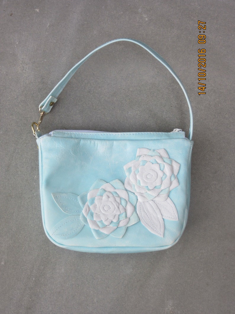BLUE crossbody bag Leather floral crossbody blue floral crossbody womens floral purse leather messenger light blue leather shoulder bag