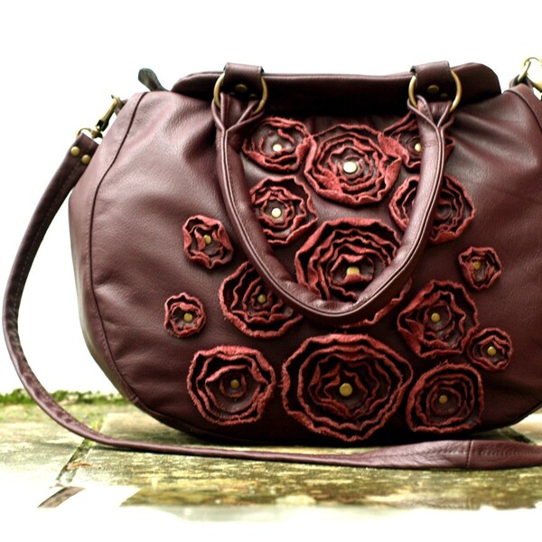 RESERVED Midnight Blue Leather Bag SALE Studded Floral Applique Rosettes