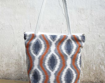 Spring totebag, ikat Leather Bag,canvas tote,womens  leather purse,geometric handbag,white leather everyday tote gift for women,mothers gift