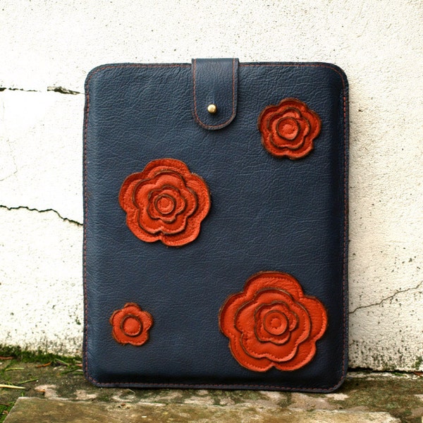 iPad Case . Retro Modern Drak Blue & Cinnamon Leather Floral Applique. Fits with Smart Cover applied