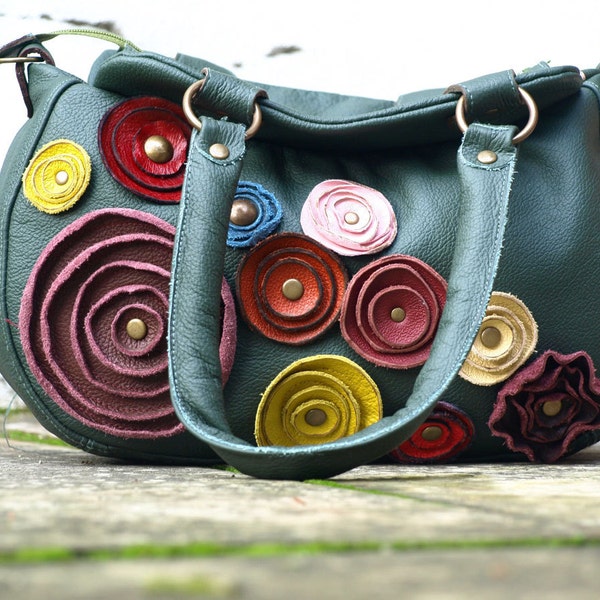 Black Friday Cyber Monday Bag Handbag Purse in Dark Green Leather . Multi-Colored Leather Rustic Fall Autumn Flowers