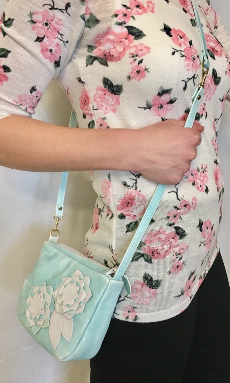 BLUE crossbody bag Leather floral crossbody blue floral crossbody womens floral purse leather messenger light blue leather shoulder bag