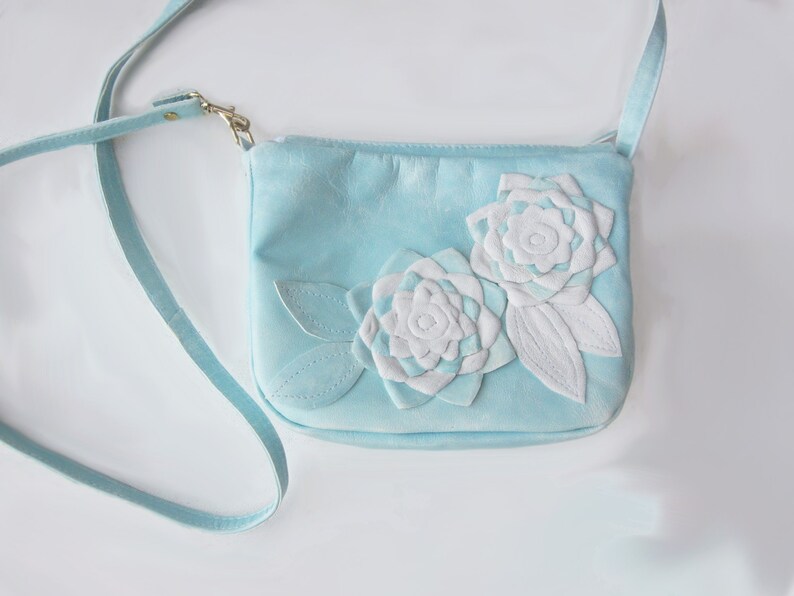 BLUE crossbody bag Leather floral crossbody blue floral crossbody womens floral purse leather messenger light blue leather shoulder bag