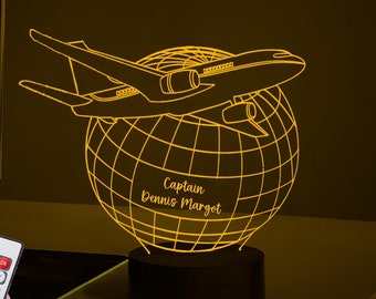 Vliegtuigkapitein gepersonaliseerd led-nachtlampje, reisvliegtuig, aangepast cadeau voor luchtvaartliefhebbers, pilootslaapkamer, decorcadeaus voor wereldreizigers
