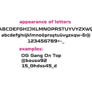 May include: A graphic showing the appearance of letters in a bold, black font. The letters include the alphabet, numbers, and symbols. Examples of the font are shown below: OG Gang On Top, @bouso92, 15_Ghdss45_d.