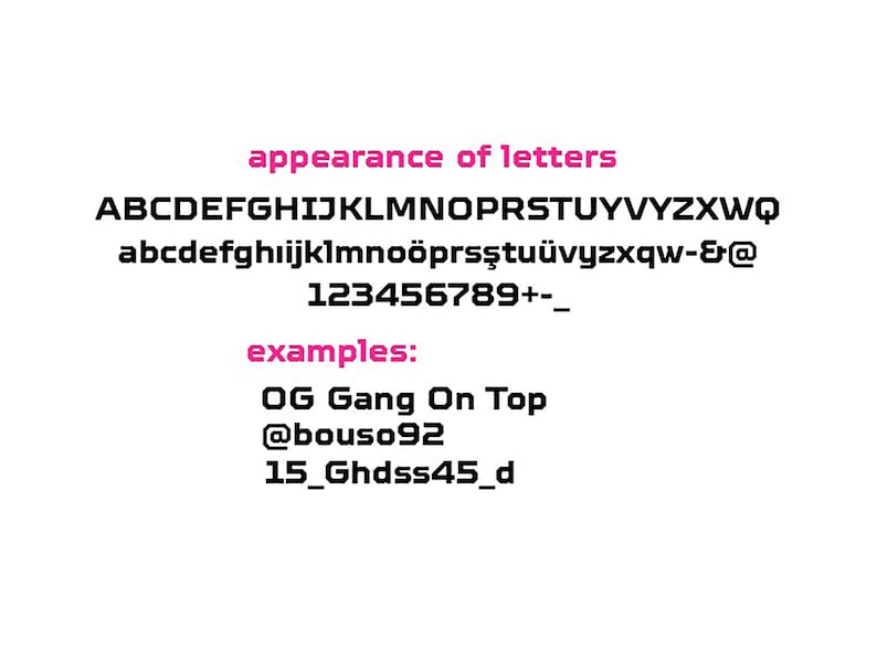 May include: A graphic showing the appearance of letters in a bold, black font. The letters include the alphabet, numbers, and symbols. Examples of the font are shown below: OG Gang On Top, @bouso92, 15_Ghdss45_d.