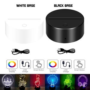 May include: A 3D illusion night light with a white base and a black base. The light features 16 colors, USB charging, and a smart button. The light is shown with different 3D designs, including a mosque, a cartoon pig, a hand with a heart, a Ferris wheel, a cartoon bear, and headphones.