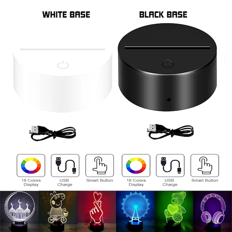 May include: A 3D illusion night light with a white base and a black base. The light features 16 colors, USB charging, and a smart button. The light is shown with different 3D designs, including a mosque, a cartoon pig, a hand with a heart, a Ferris wheel, a cartoon bear, and headphones.
