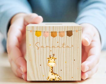 Personalizowana skarbonka drewniana żyrafa - skarbonka - skarbonka dziecięca - prezent na narodziny / chrzest - drewniana skarbonka - kerzeundco.