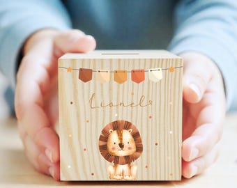 Personalizowana skarbonka drewniana skarbonka lew - skarbonka dziecko - prezent dla dziecka na urodziny/chrzest - drewniana skarbonka - kerzeundco.