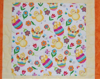 Easter Chicks Quilted Table Topper: Spring Floral Decor (17" x 17")