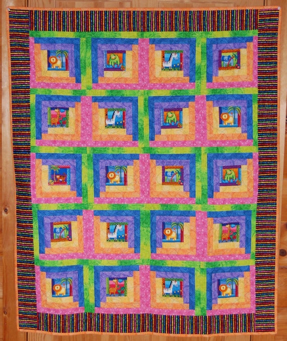 Rainbow Bright Jungle Animal Log Cabin Baby Crib Quilt Orange Etsy