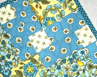 Blue and Yellow Floral Rectangle Table Runner/Reversible/Shady Spring Quilts