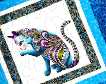 Colorful Cats Blue/Teal Table Topper/Reversible/Shady Spring Quilts