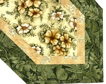 Earthtone Floral Table Runner with Green Foliage Border/Reversible/Shady Spring Quilts