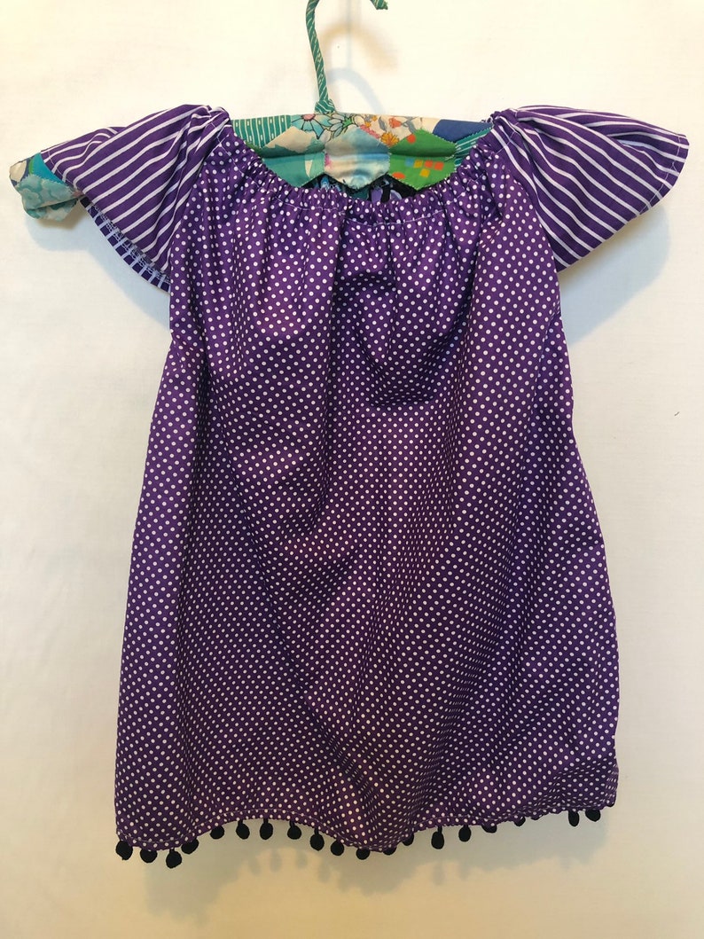 pom pom pom poms purple vintage fabric Size 3- Girls Peasant dress seersucker girls gift cats