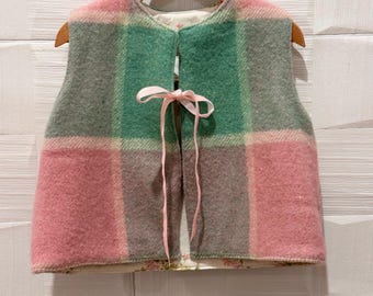 Handmade Wool Vest Child and Baby |Pale  Pink and Green plaid, vintage fabric