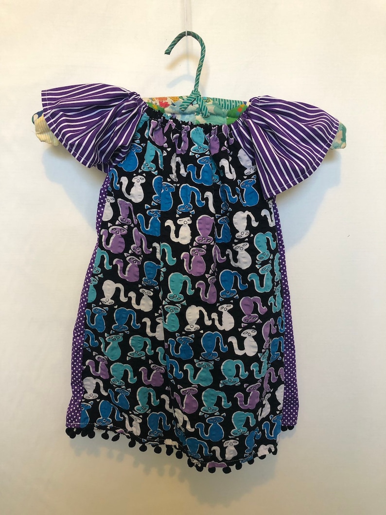 pom pom pom poms purple vintage fabric Size 3- Girls Peasant dress seersucker girls gift cats