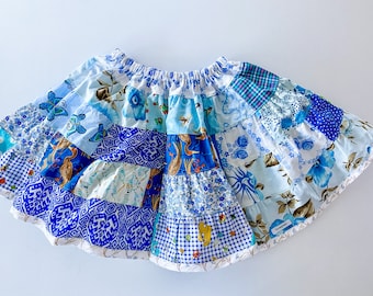 girls patchwork twirly skirt / blue/ white/ teal / aqua  / spot / floral. Vintage fabric fun