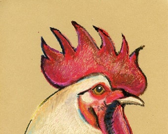 ROOSTER Animal art Original pastel oil on sand drawing paper 8x11inch