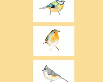 Original Watercolor Bird Paintings, Woodland Nursery Art (Set of 3)